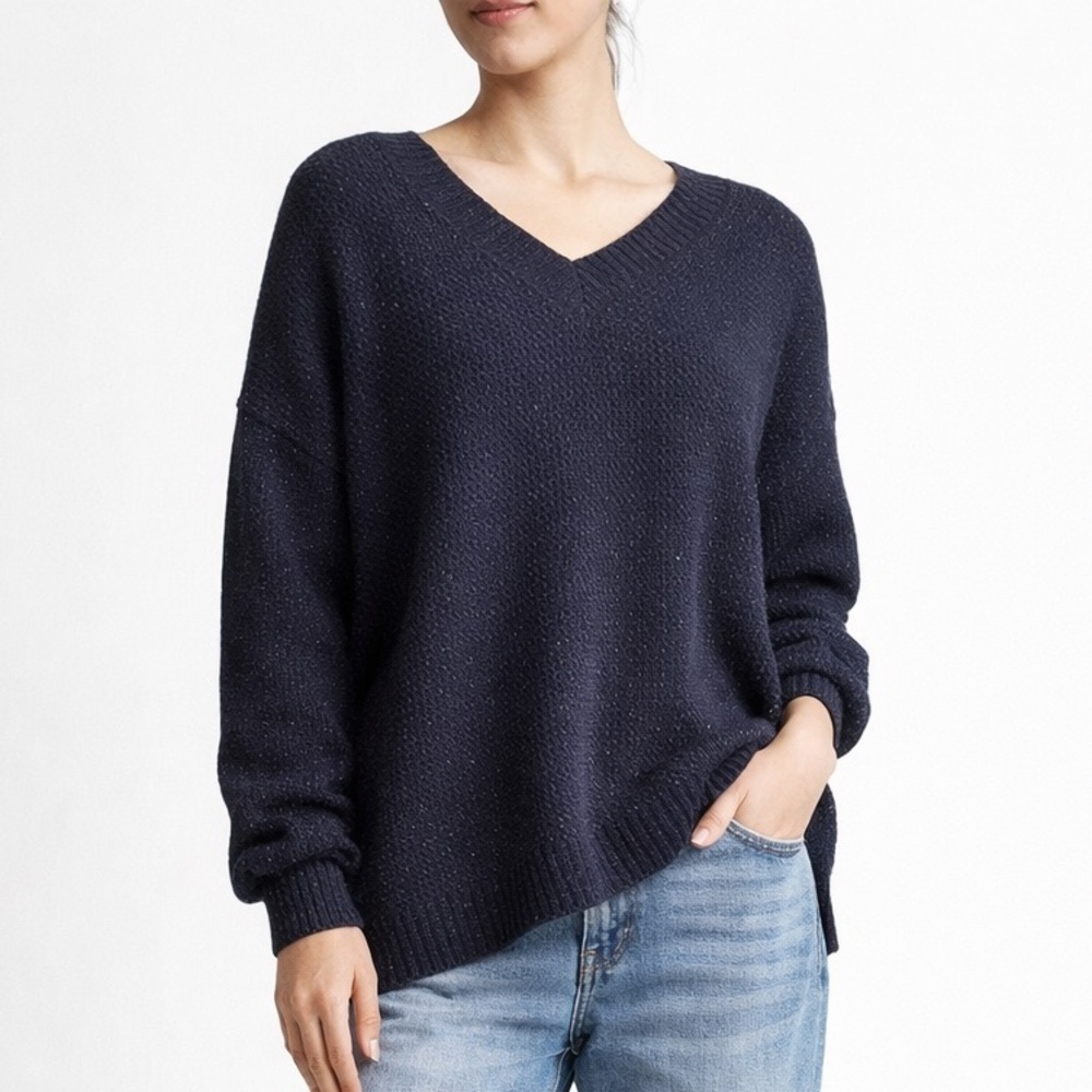 Textured Navy Waffle Knit Sweater | Fuzzy Metallic Cozy Chic Pullover Women S/M